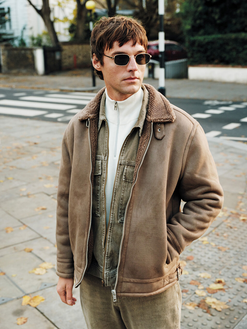 Kahverengi Standart Kalıp Kürk Yaka Süet Erkek Mont-1