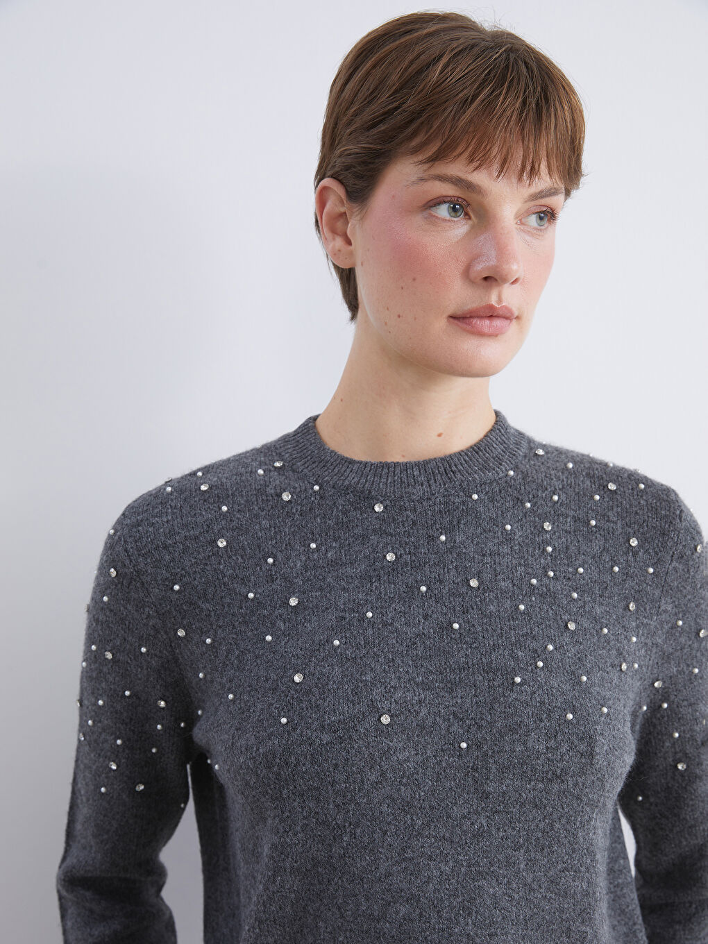 Crew Neck Rhinestone Embellished Women's Knit Sweater
