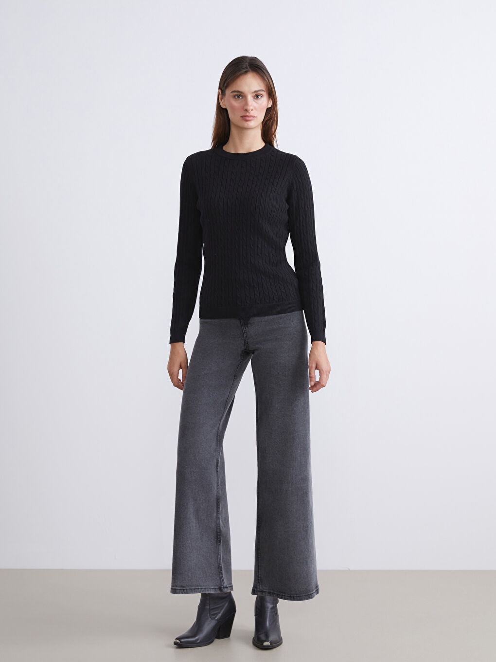 Crew Neck Self-Patterned Women's Knitwear Sweater-1