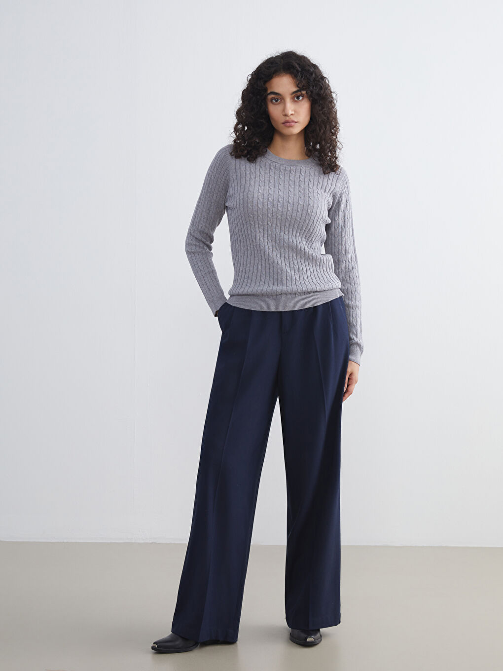 Crew Neck Self-Patterned Women's Knitwear Sweater-1