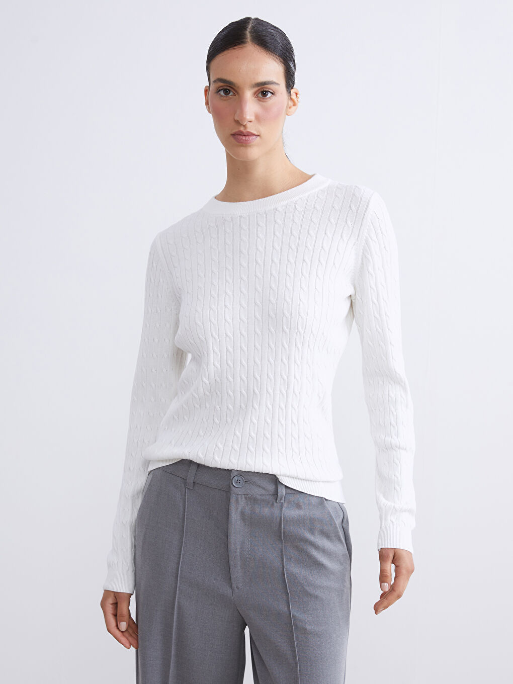 Crew Neck Self-Patterned Women's Knitwear Sweater
