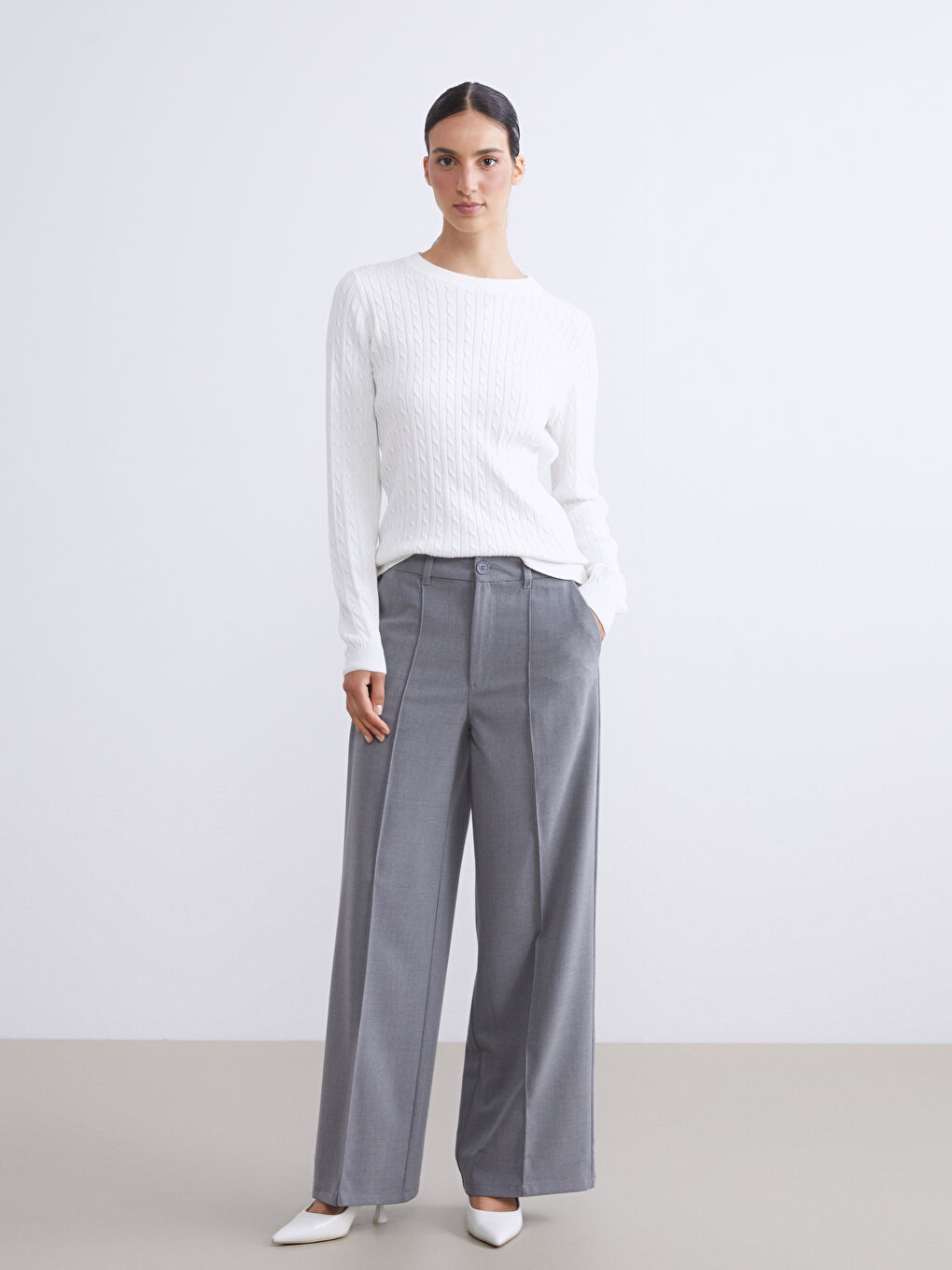 Crew Neck Self-Patterned Women's Knitwear Sweater-1