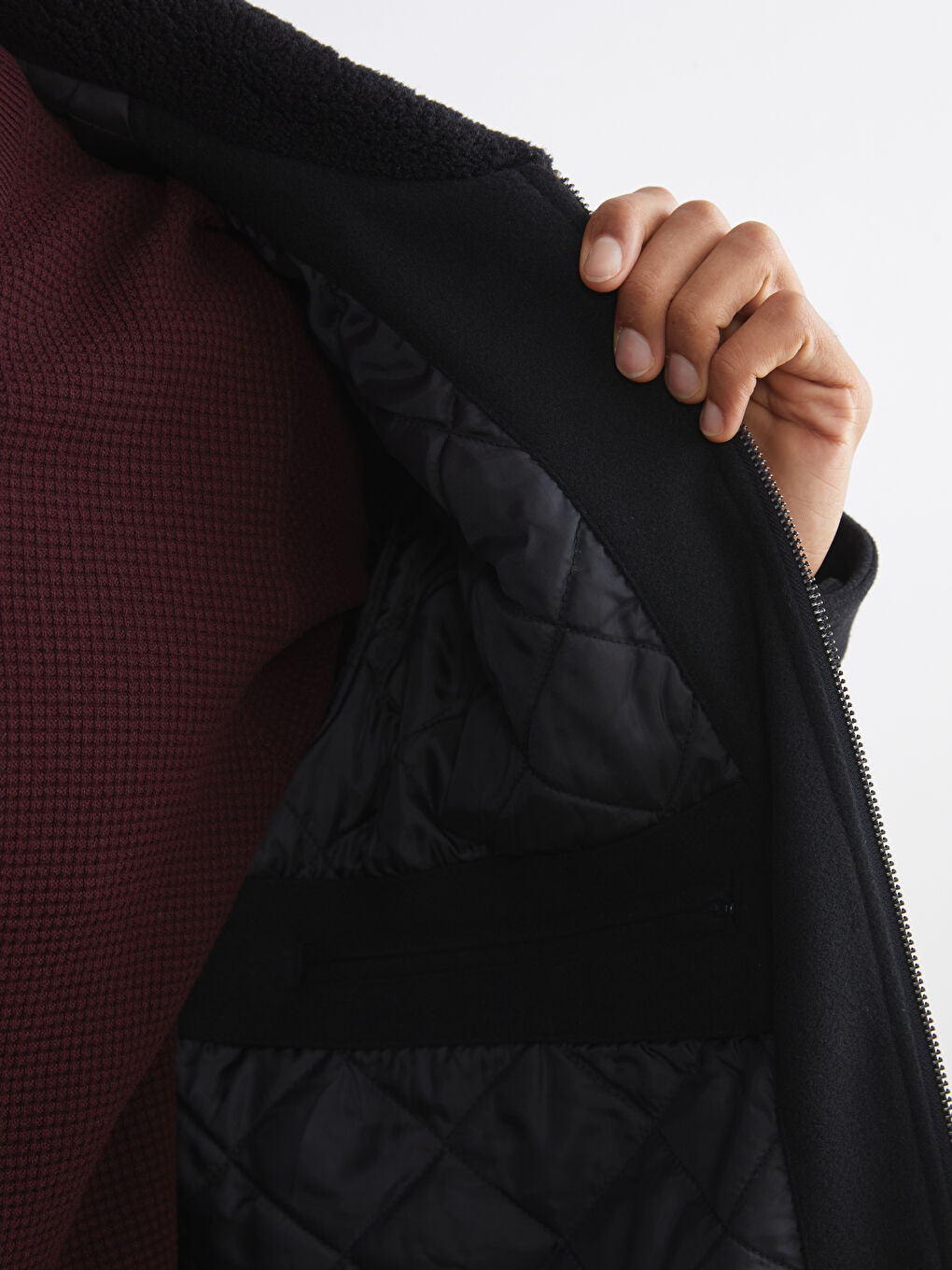 Siyah Standart Kalıp Kürk Yaka Erkek Kaşe Mont-3