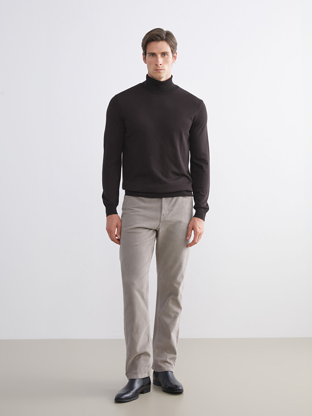 Kahverengi Balıkçı Yaka Erkek Triko Kazak-1