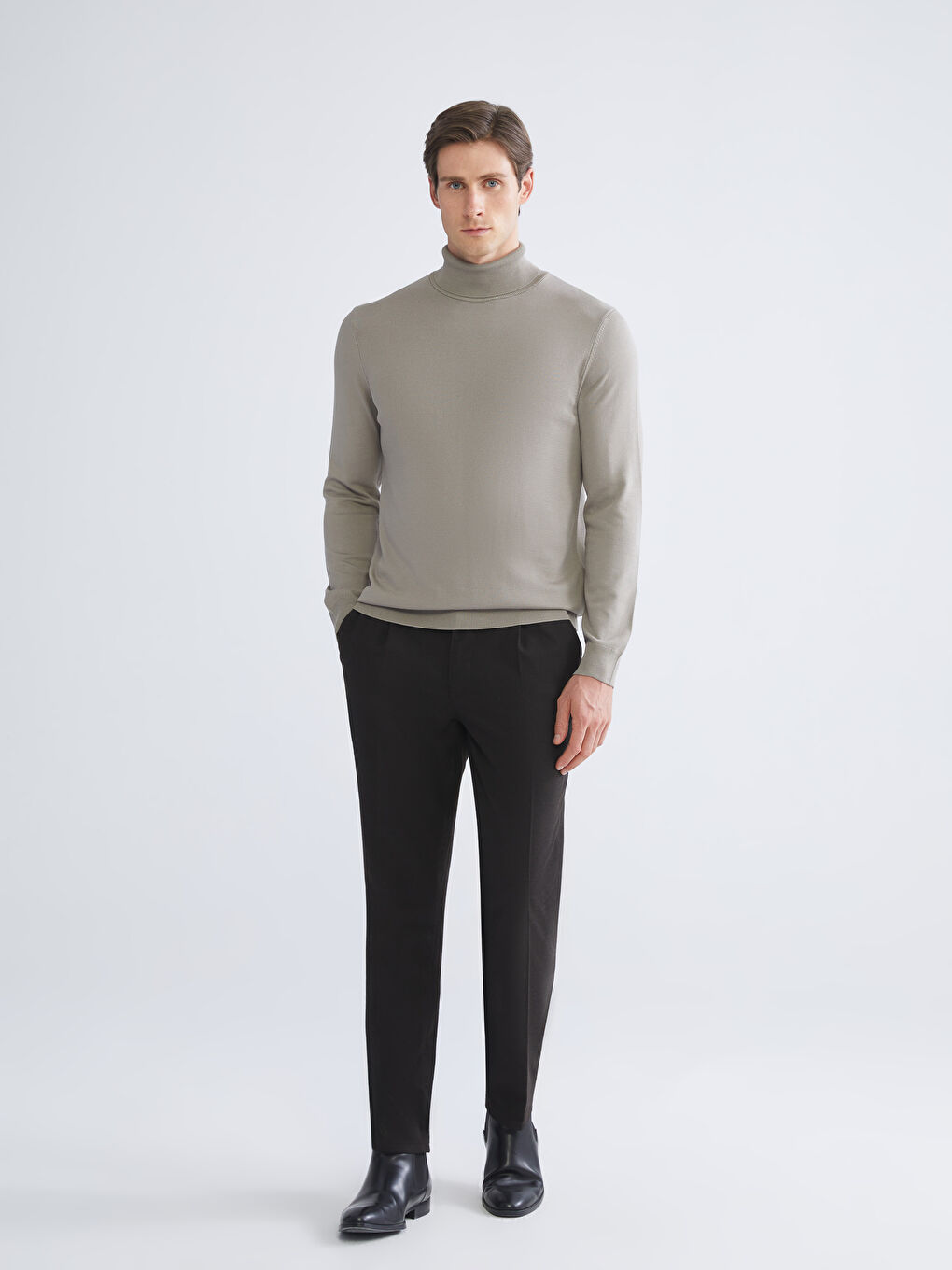 Bej Balıkçı Yaka Erkek Triko Kazak-1