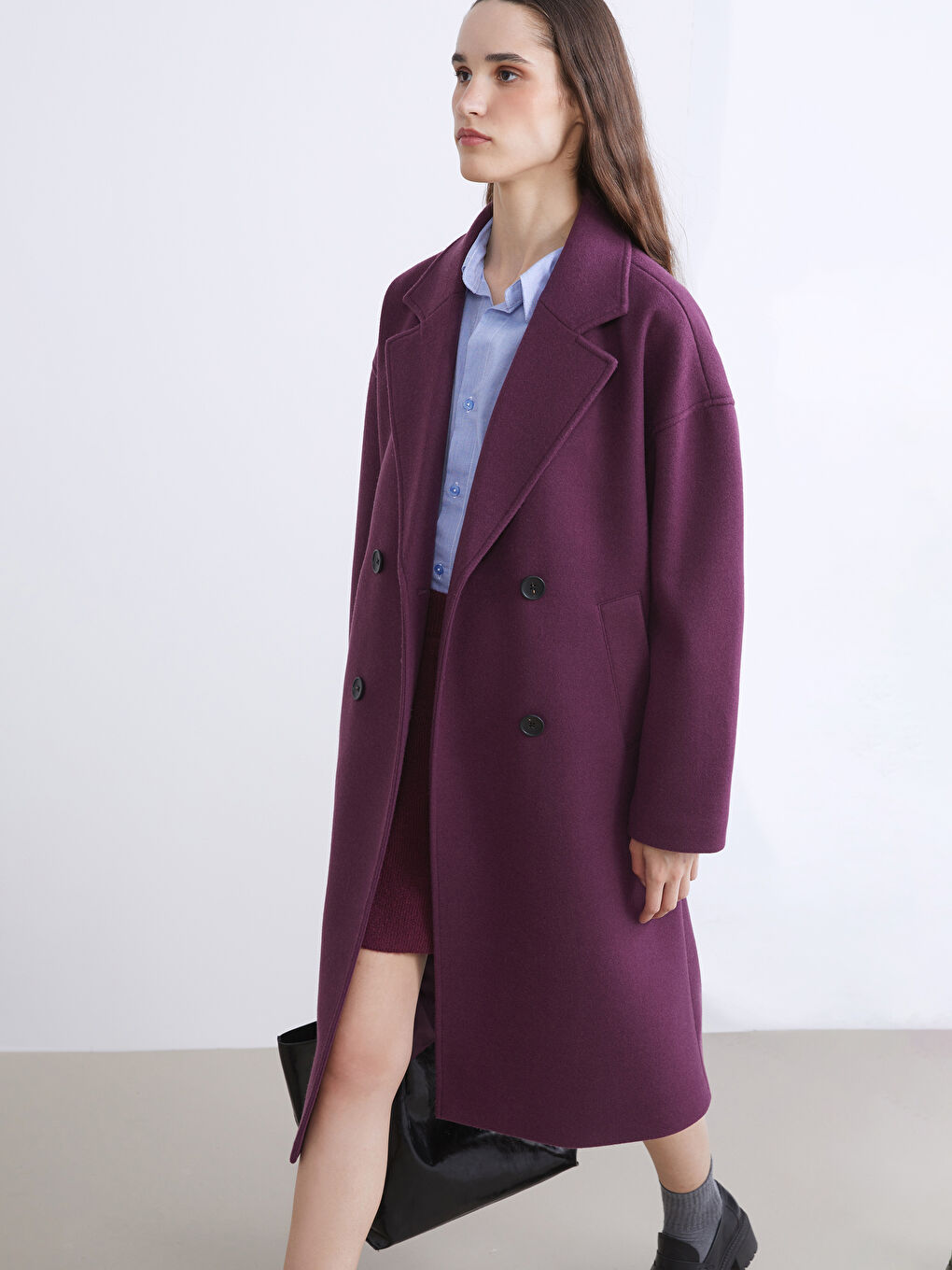 Mürdüm Kruvaze Yaka Kadın Kaşe Kaban-1