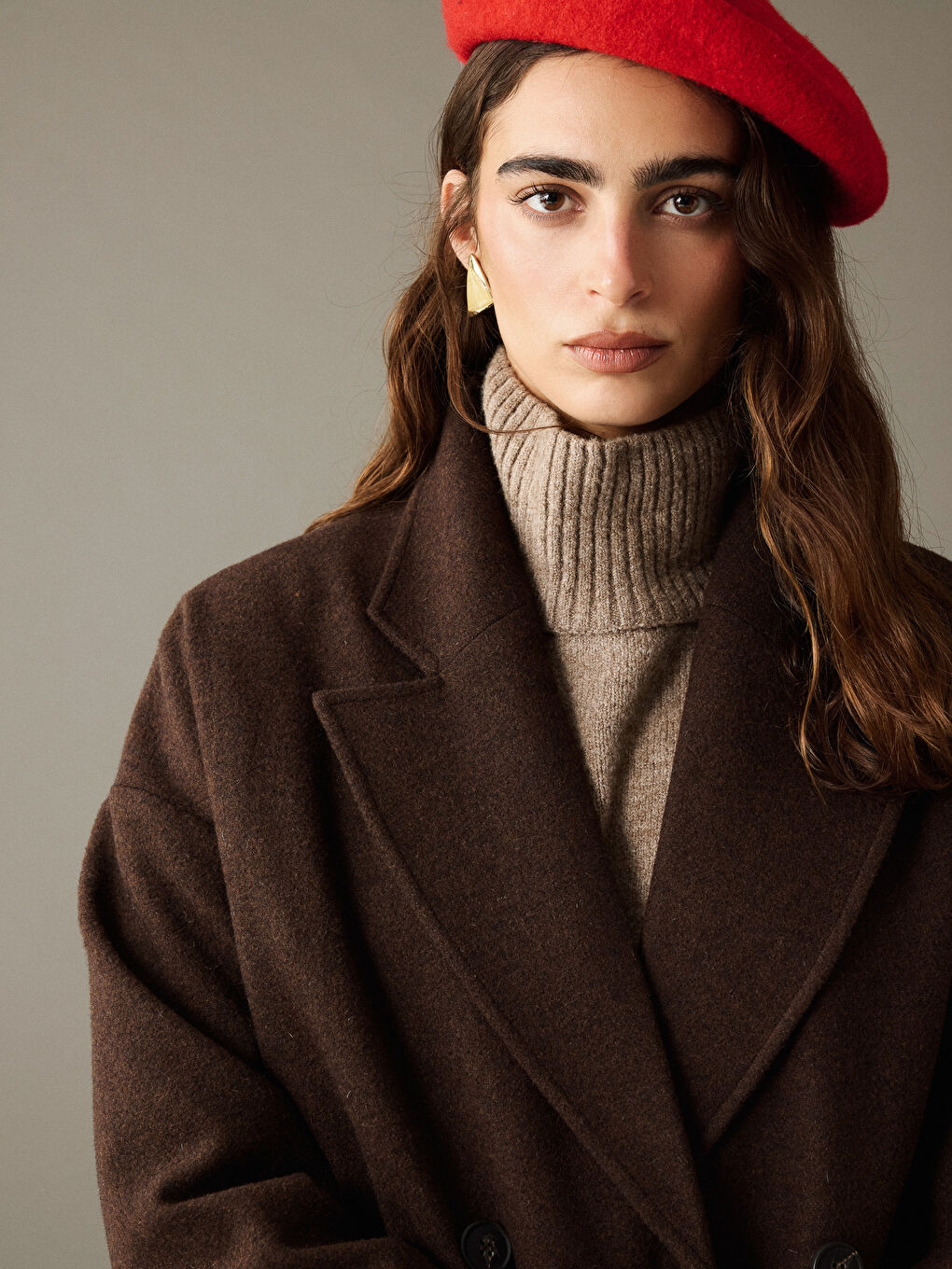 Kahverengi Kruvaze Yaka Kadın Kaşe Kaban-5