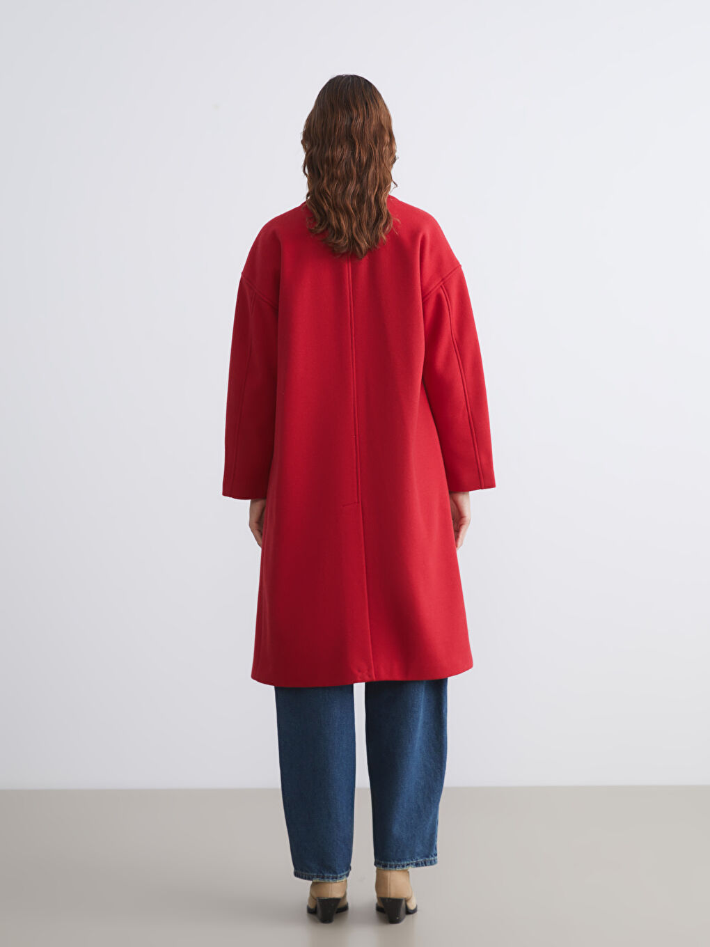 Kırmızı Kruvaze Yaka Kadın Kaşe Kaban-4