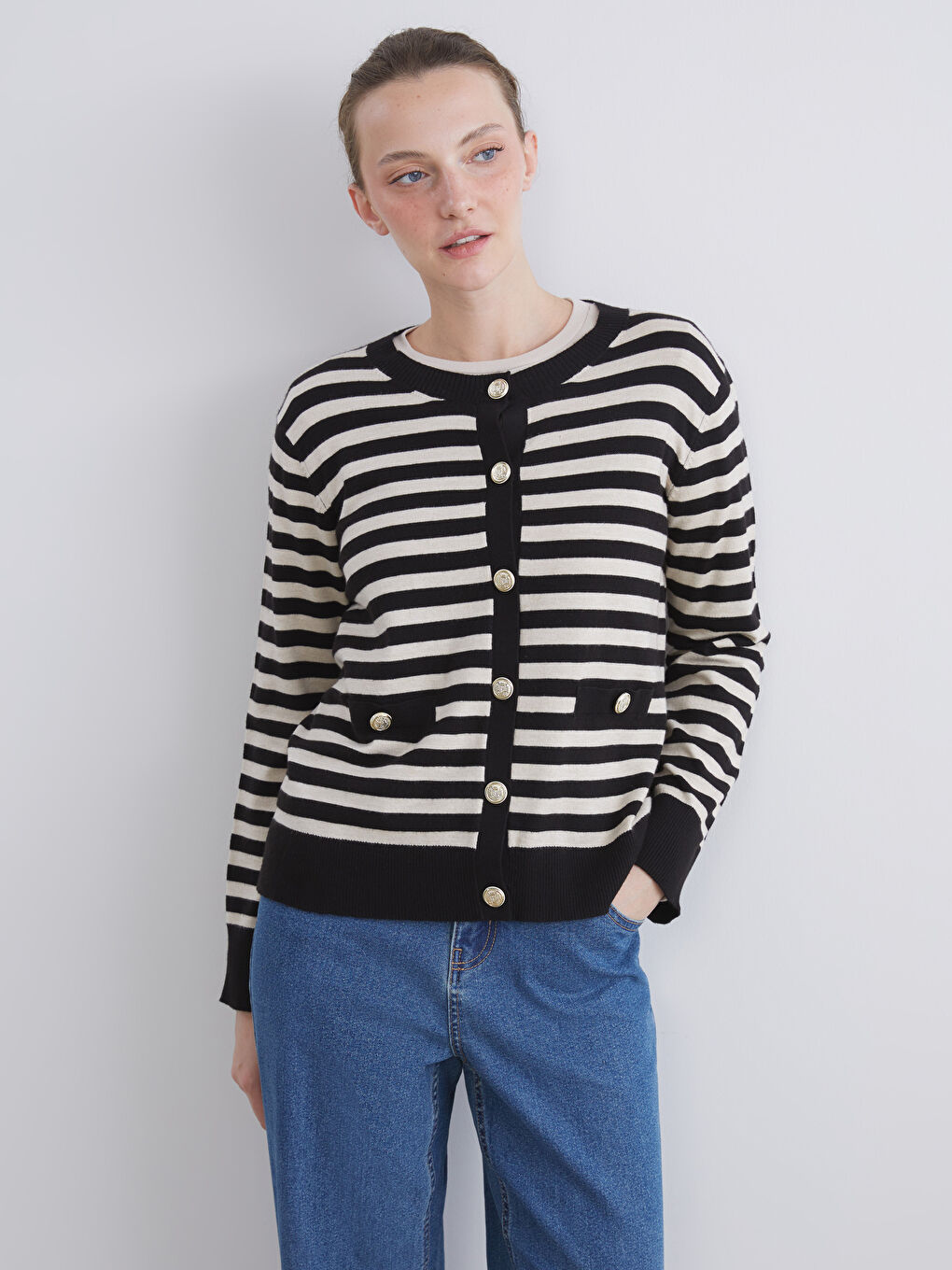 LCW Comfort Crew Neck Striped Women's Knitwear Cardigan -W5BP46Z8-LEG