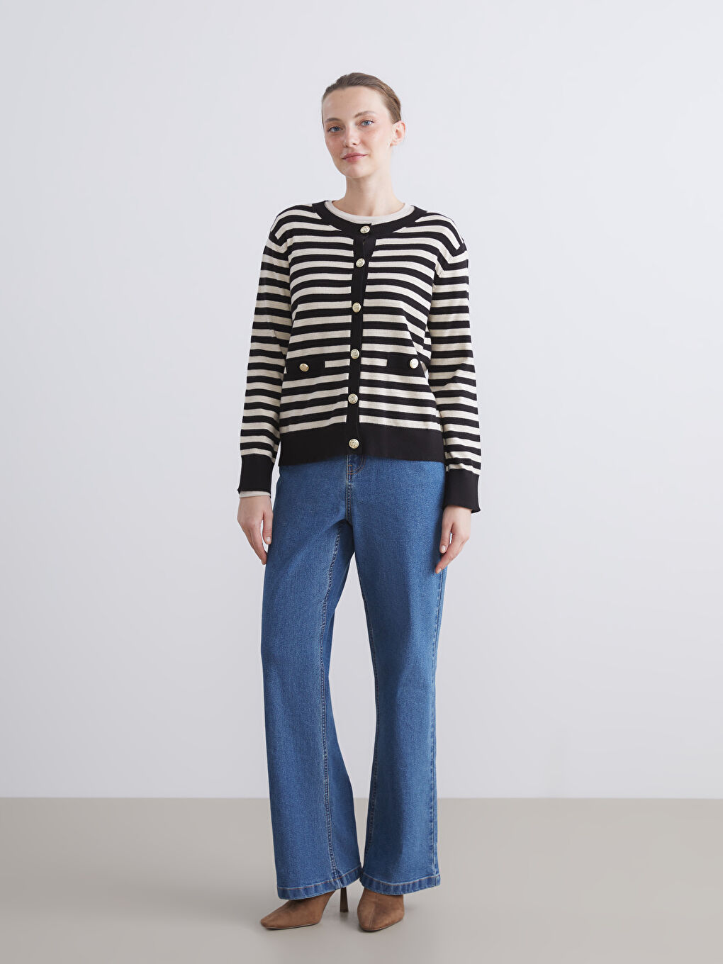 LCW Comfort Crew Neck Striped Women's Knitwear Cardigan -W5BP46Z8-LEG