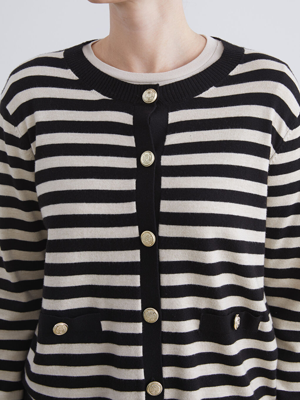 LCW Comfort Crew Neck Striped Women's Knitwear Cardigan -W5BP46Z8-LEG