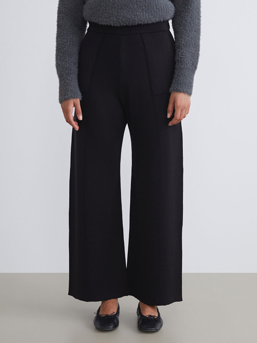 Elasticated Waist Wide Leg Women's Knitwear Trousers-1