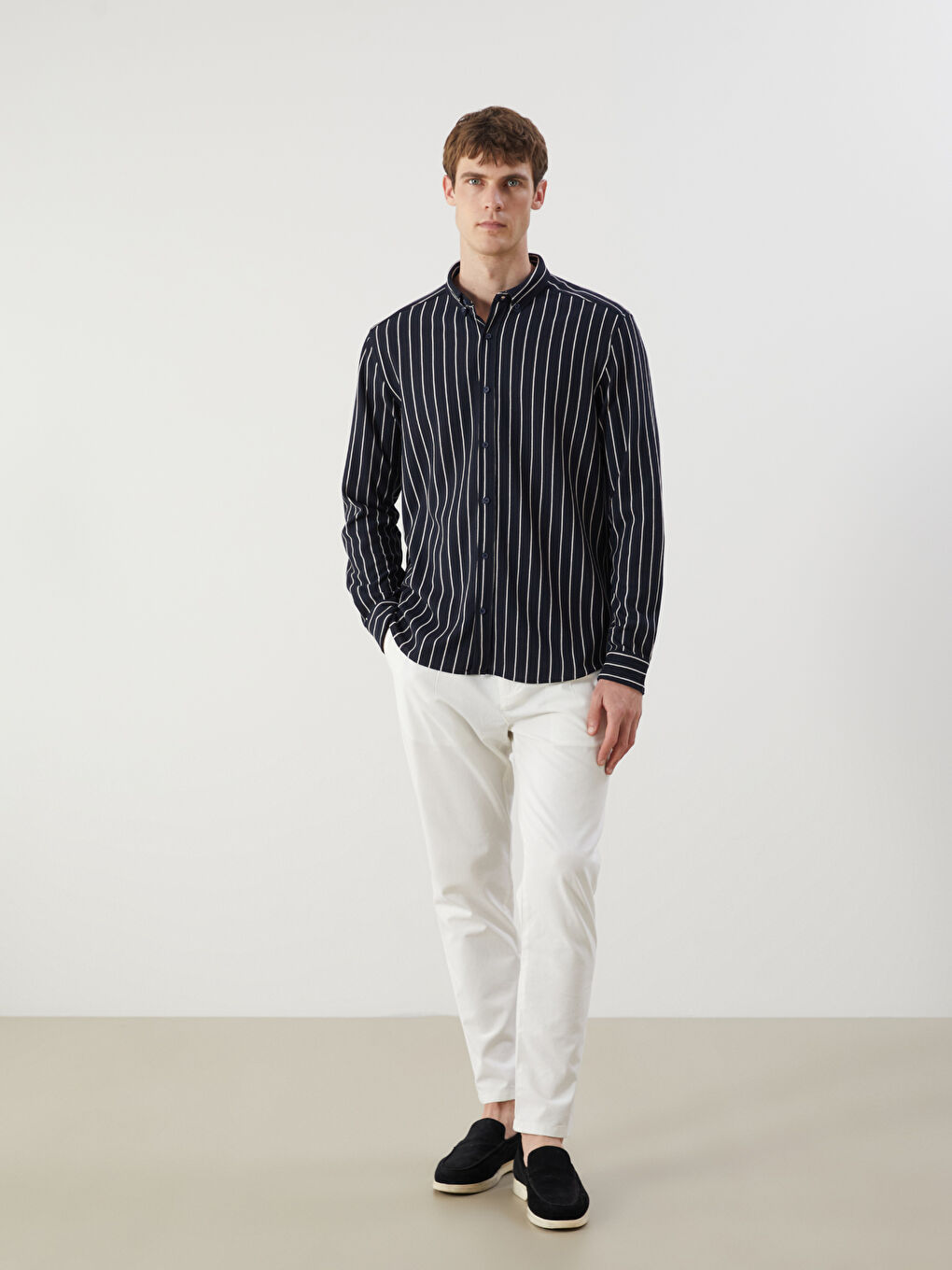 Chemise Rayée Pour Hommes Coupe Svelte À Manches Longues-1