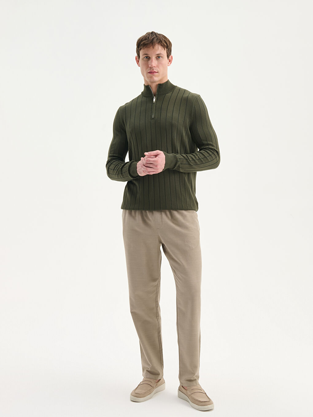 Haki Fermuarlı Dik Yaka Erkek Triko Kazak-1