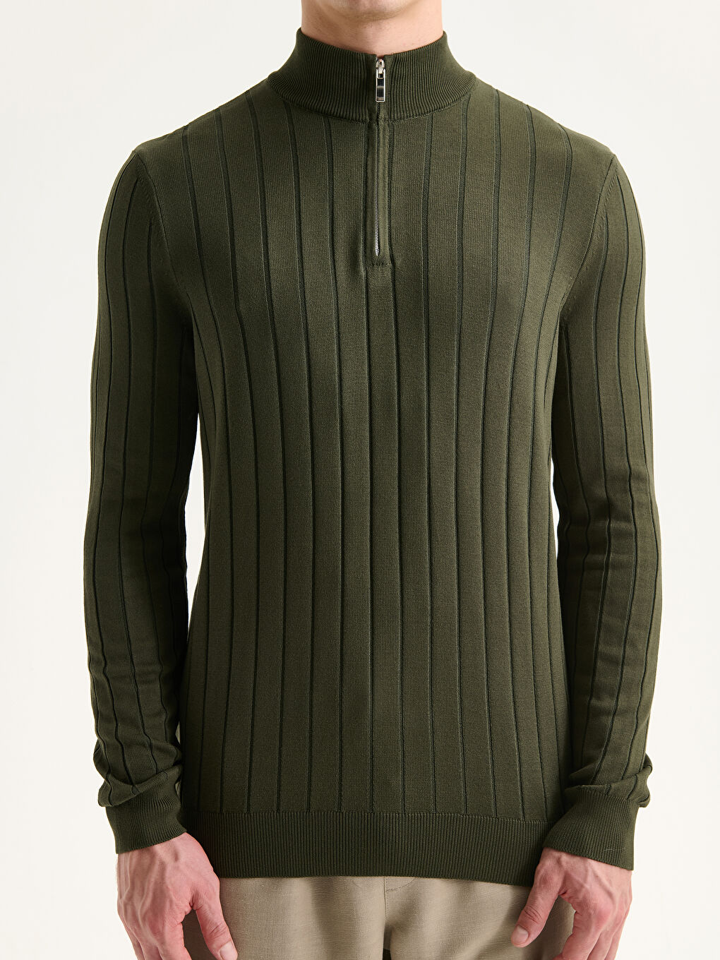 Haki Fermuarlı Dik Yaka Erkek Triko Kazak-2