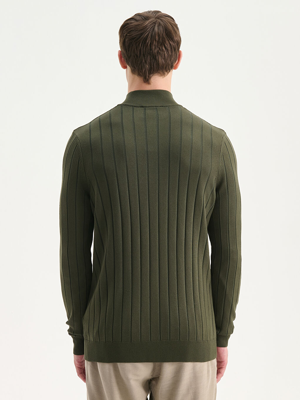 Haki Fermuarlı Dik Yaka Erkek Triko Kazak-3