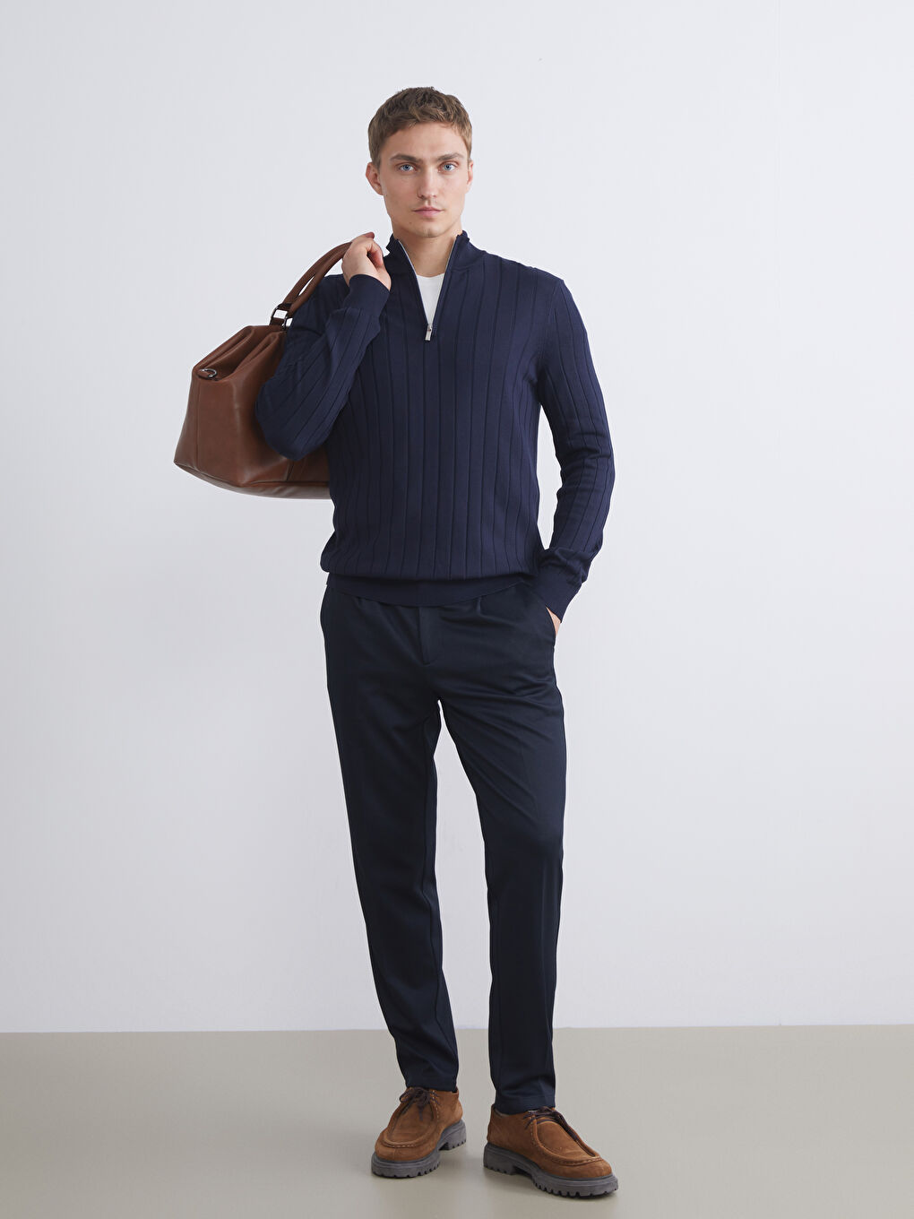 Lacivert Fermuarlı Dik Yaka Erkek Triko Kazak-1