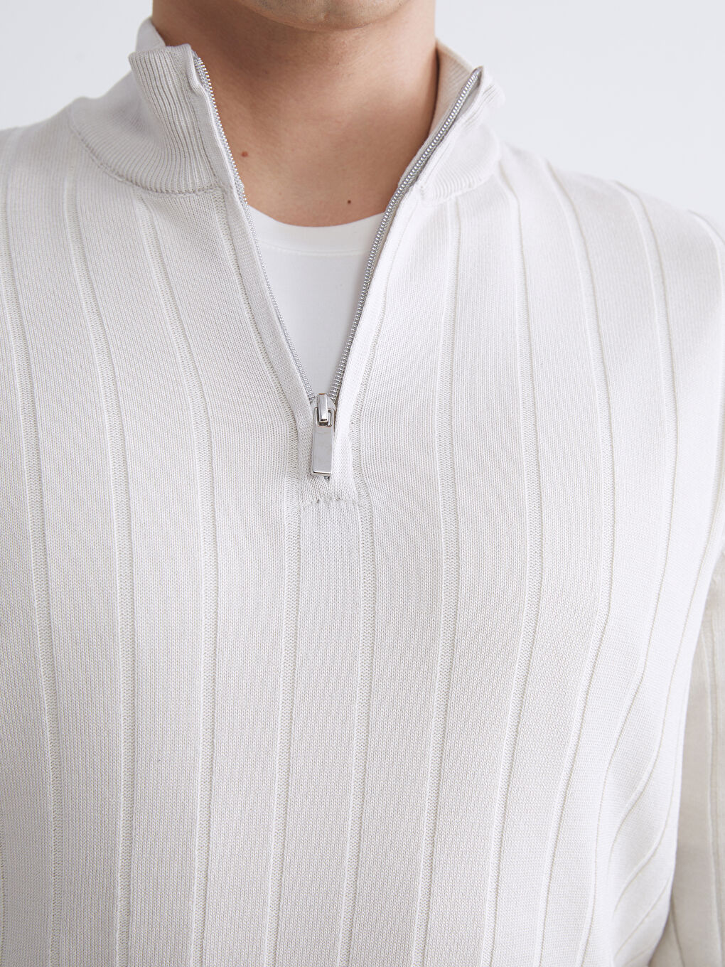 Bej Fermuarlı Dik Yaka Erkek Triko Kazak-2