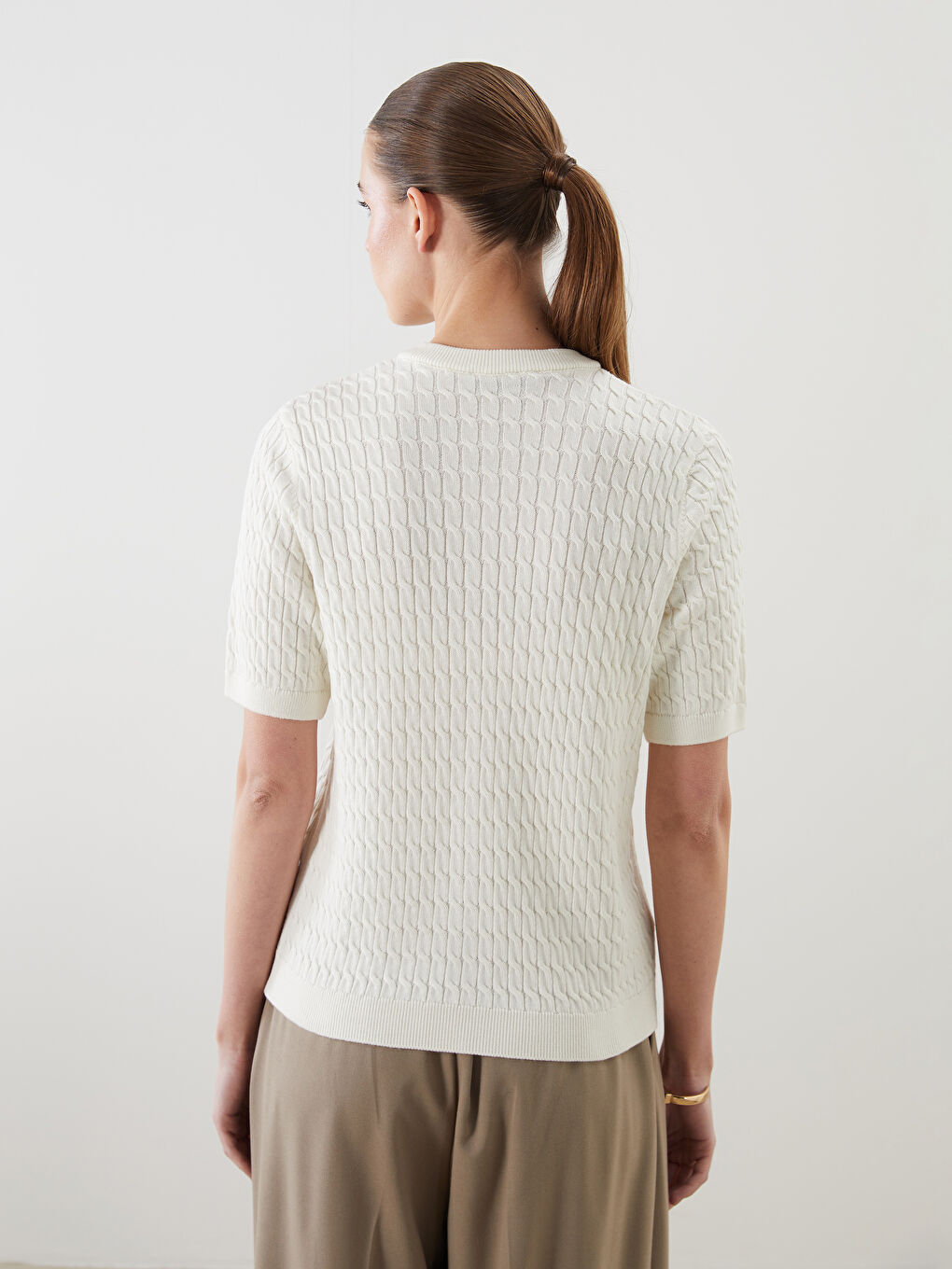Crew Neck Self Patterned Long Sleeve Women's Tricot Cardigan-3