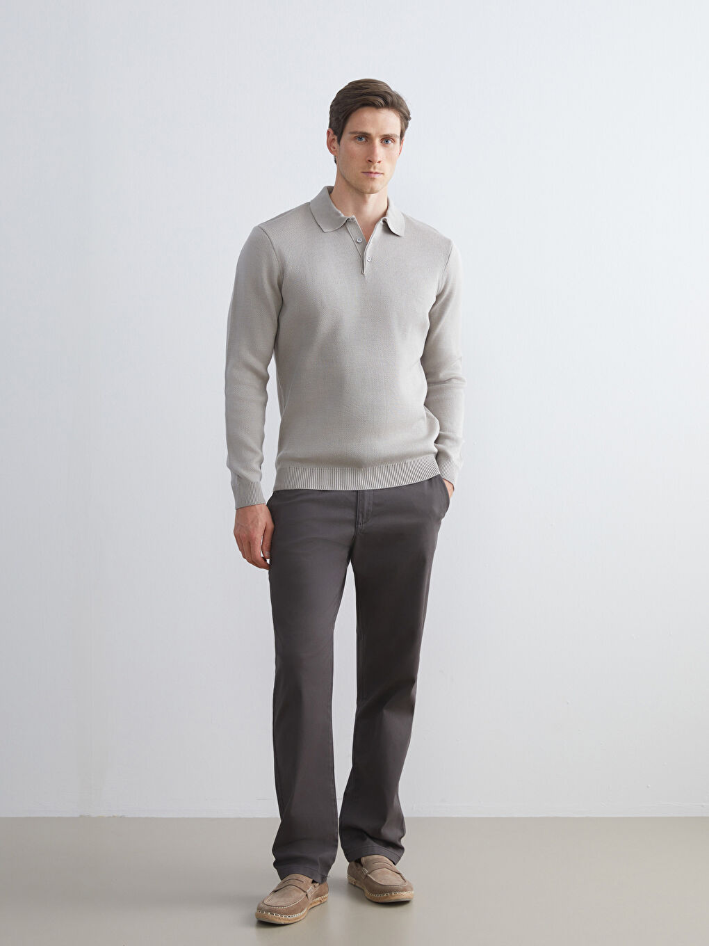 Bej Polo Yaka Uzun Kollu Erkek Triko Kazak-1