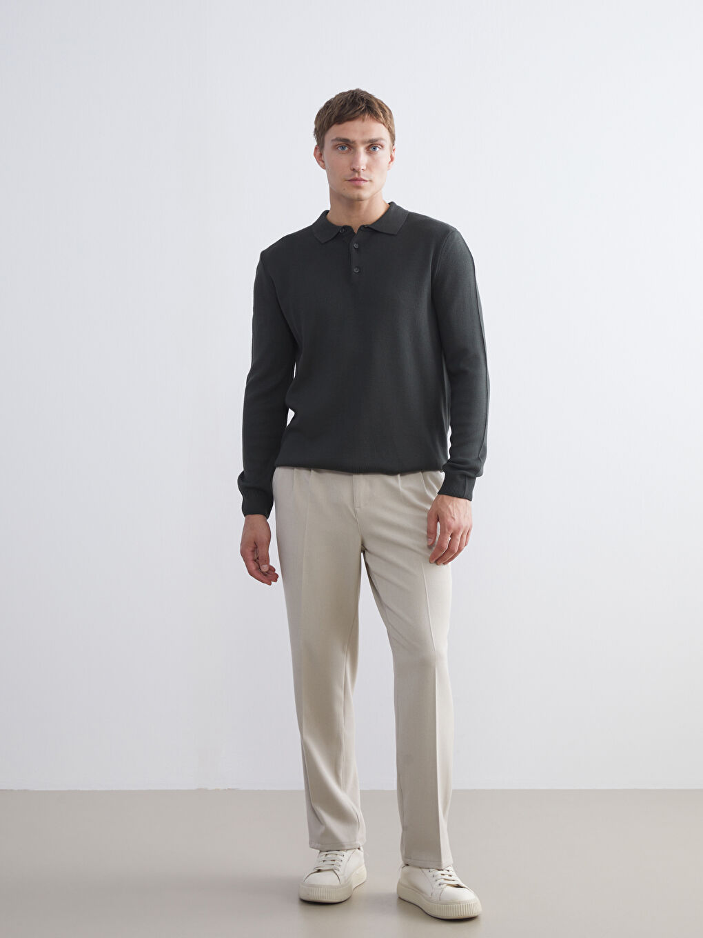 Yeşil Polo Yaka Uzun Kollu Erkek Triko Kazak-1