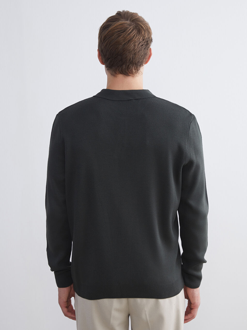 Yeşil Polo Yaka Uzun Kollu Erkek Triko Kazak-3