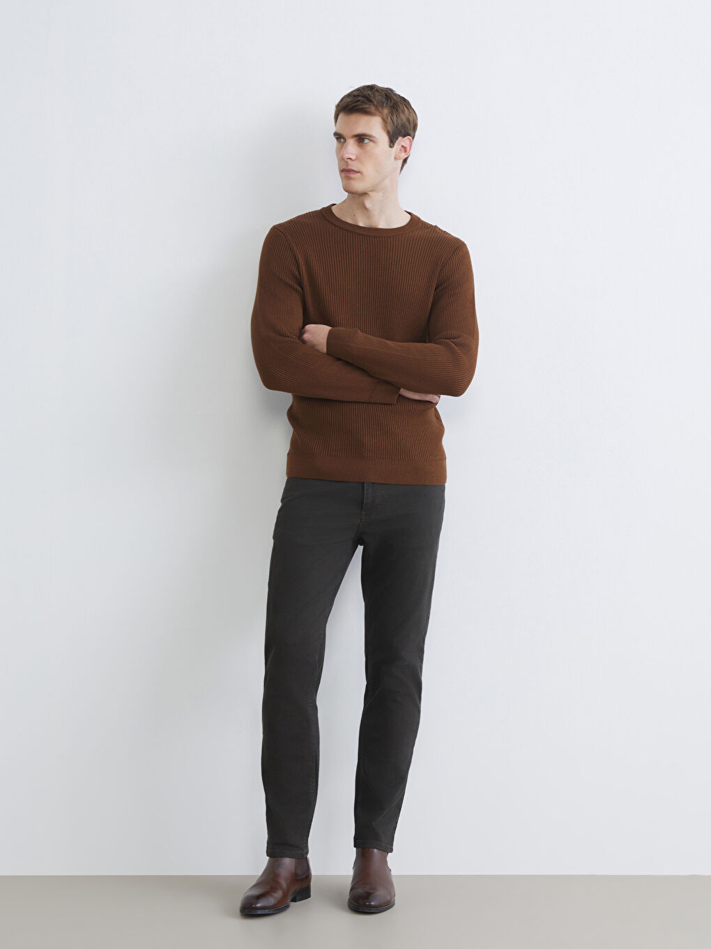 Crew Neck Long Sleeve Men's Tricot Sweater-1