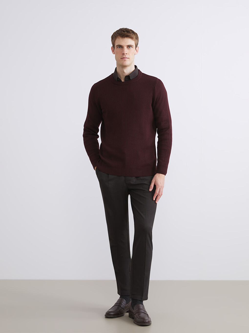 Bordo Bisiklet Yaka Erkek Triko Kazak-1