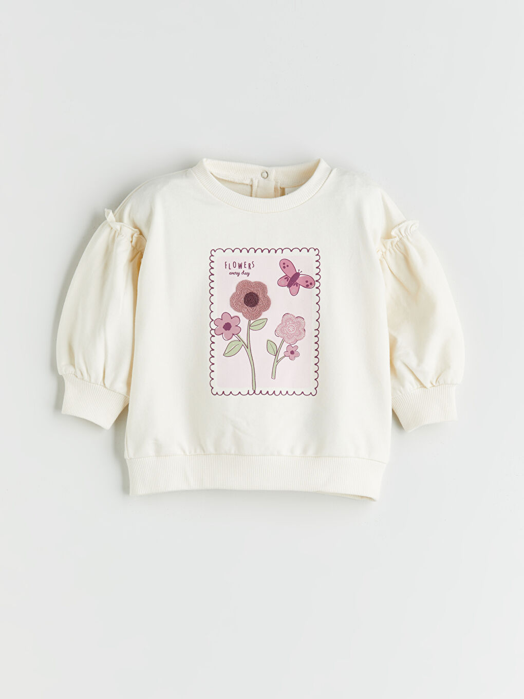 Ekru Bisiklet Yaka Çiçekli Kız Bebek Sweatshirt