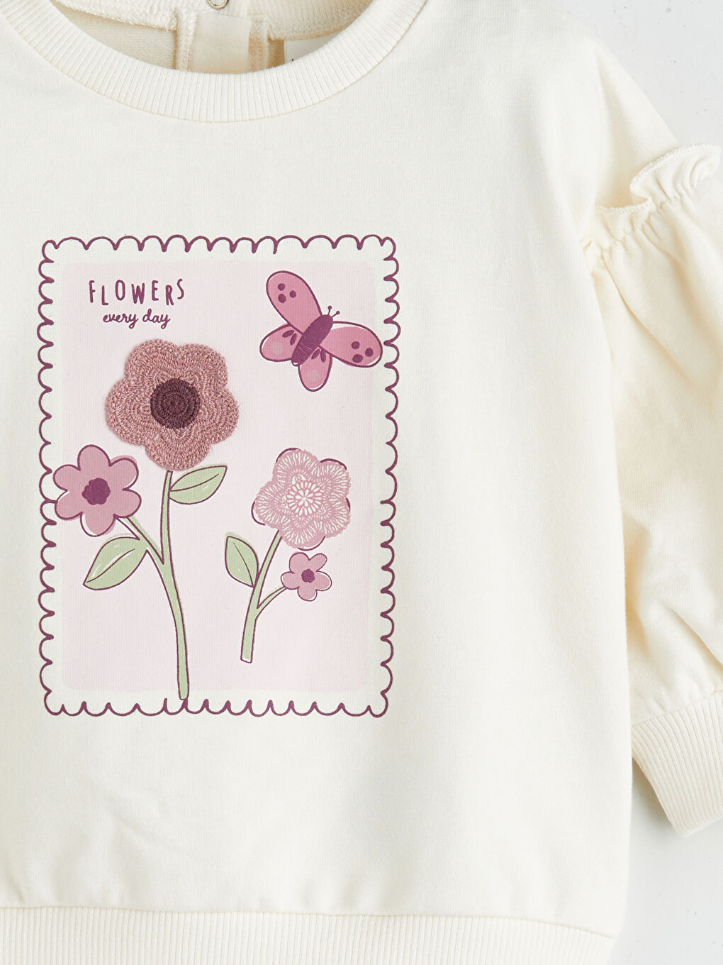 Ekru Bisiklet Yaka Çiçekli Kız Bebek Sweatshirt-2
