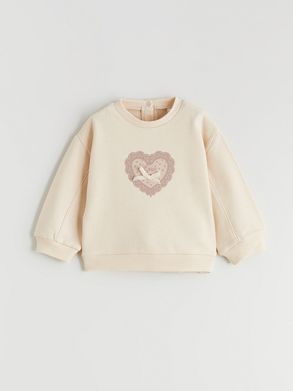 Bej Bisiklet Yaka Kurdele Detaylı Kız Bebek Sweatshirt