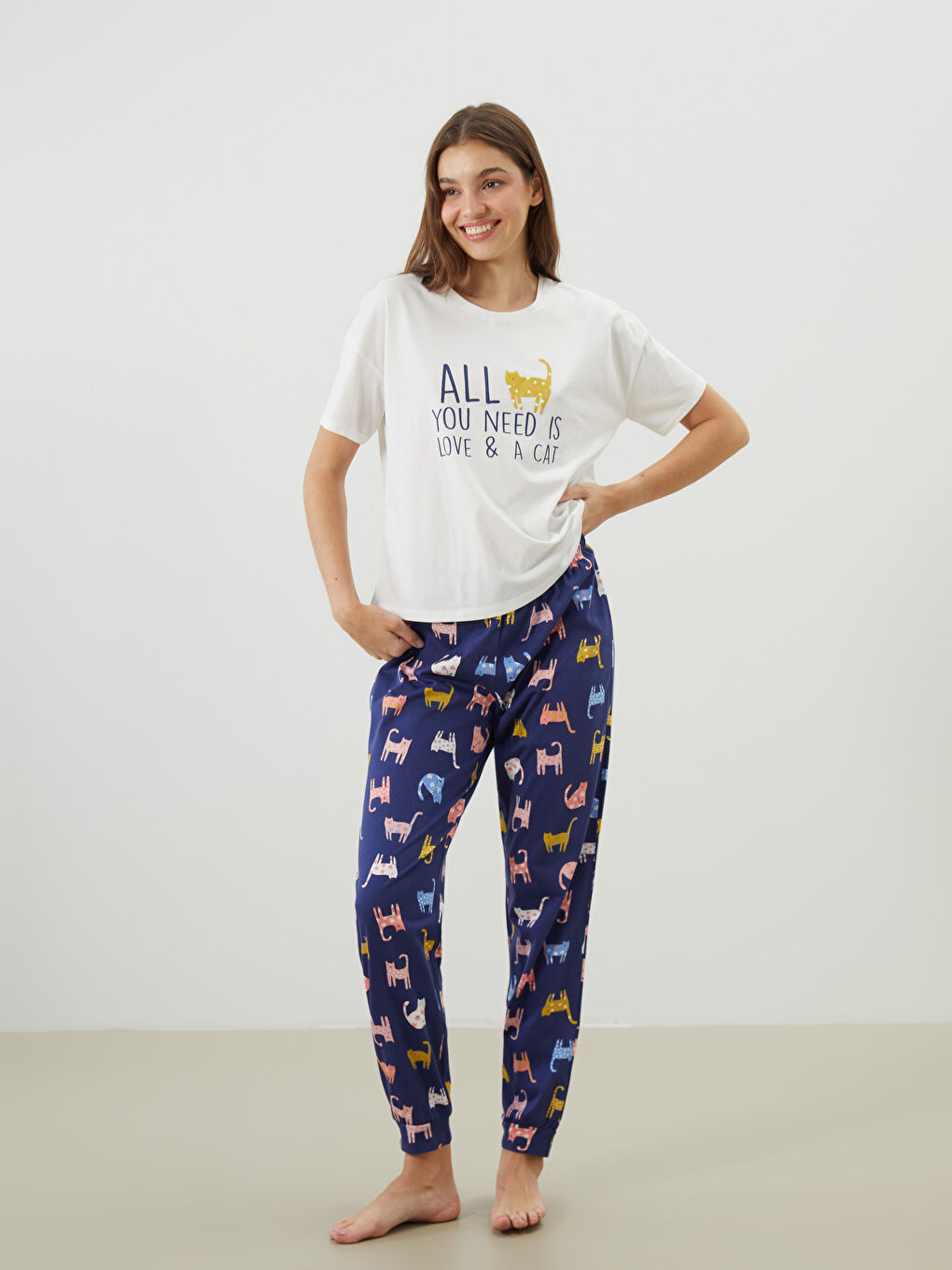 Lacivert Bisiklet Yaka Baskılı Kadın Pijama Takımı-1