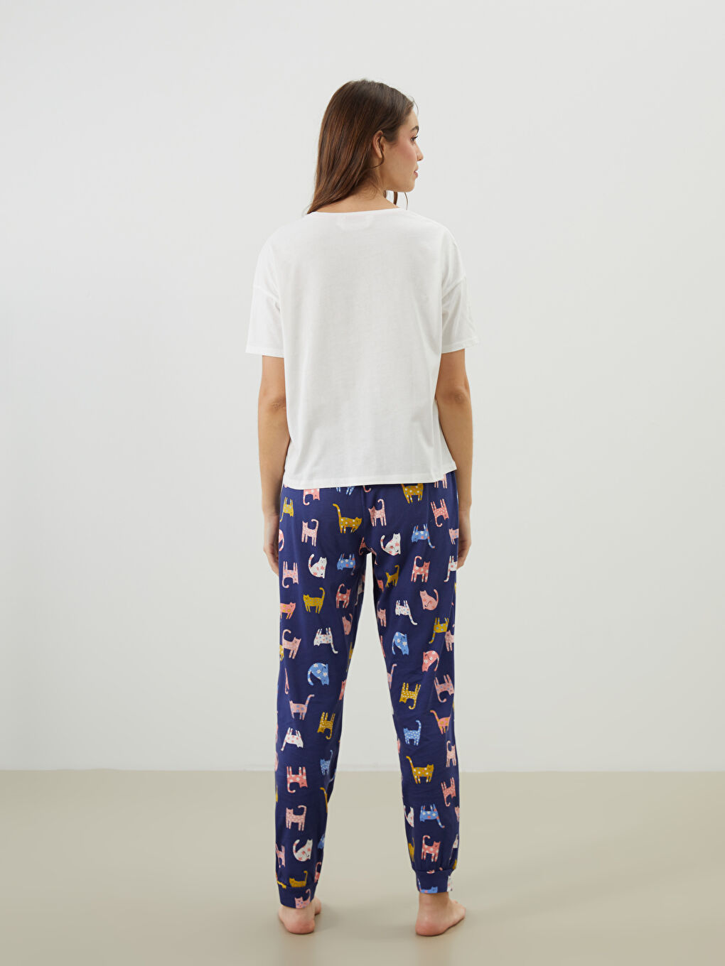 Lacivert Bisiklet Yaka Baskılı Kadın Pijama Takımı-3