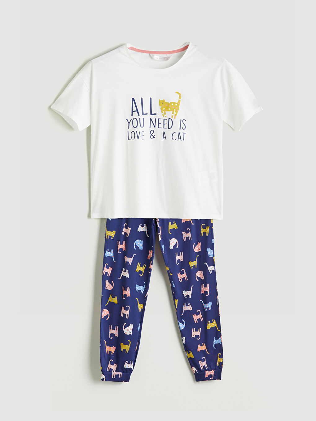 Lacivert Bisiklet Yaka Baskılı Kadın Pijama Takımı-4