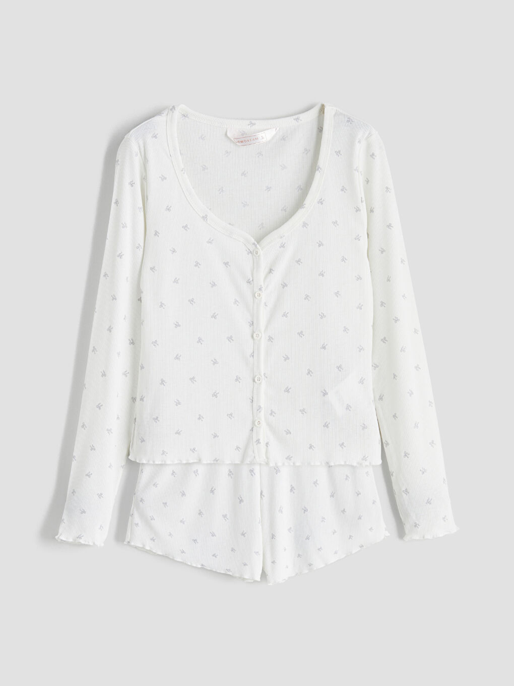 Ekru Kalp Yaka Desenli Kadın Şortlu Pijama Takımı-6