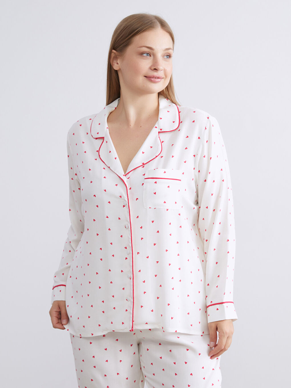 Ekru Gömlek Yaka Baskılı Kadın Pijama Takımı-5