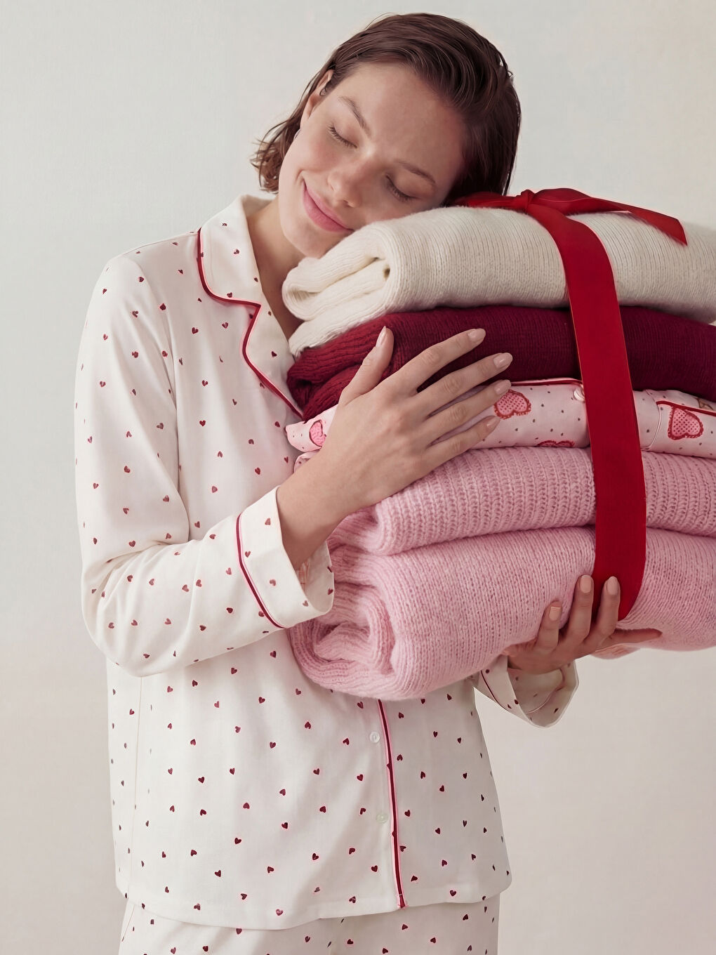 Ekru Gömlek Yaka Baskılı Kadın Pijama Takımı