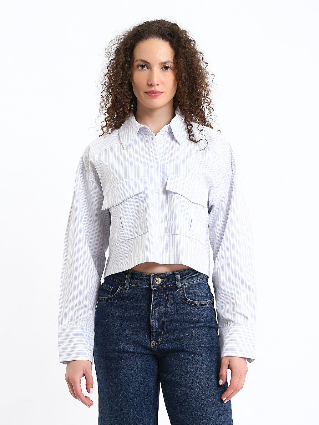 Chemise Rayée Coupe Courte en Popeline pour Femmes-1
