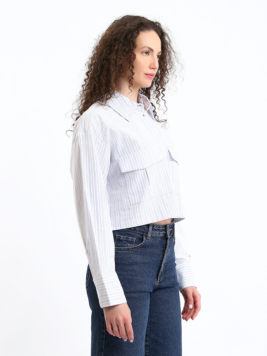 Chemise Rayée Coupe Courte en Popeline pour Femmes-6