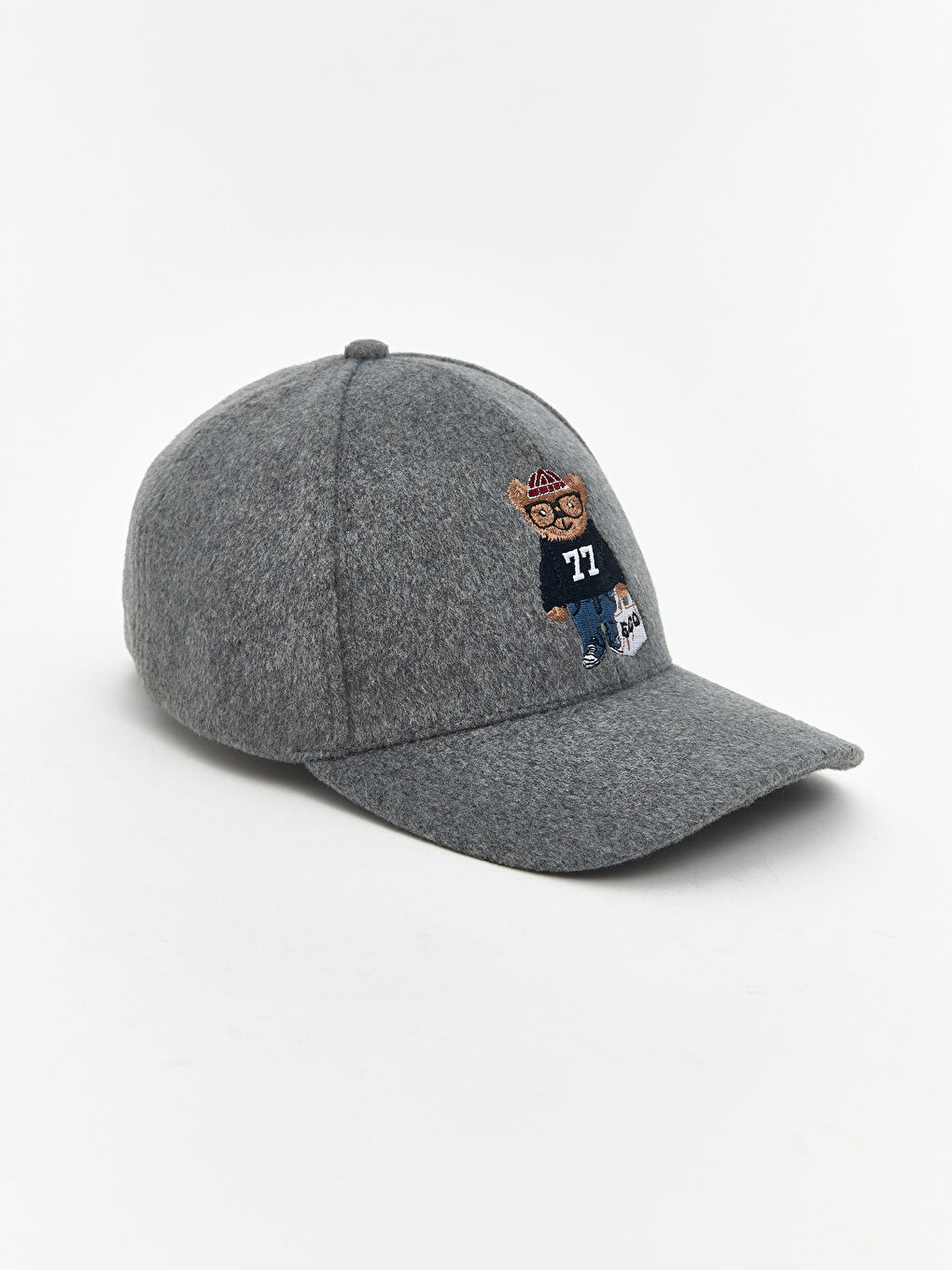 Gri Ayı Nakışlı Kaşe Erkek Kep Şapka-1