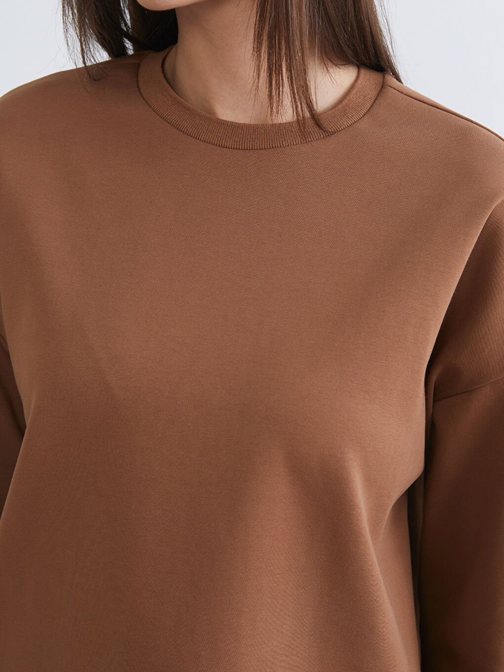 Kahverengi Bisiklet Yaka Oversize Kadın Sweatshirt-2