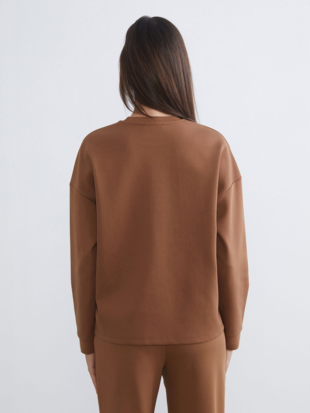 Kahverengi Bisiklet Yaka Oversize Kadın Sweatshirt-3