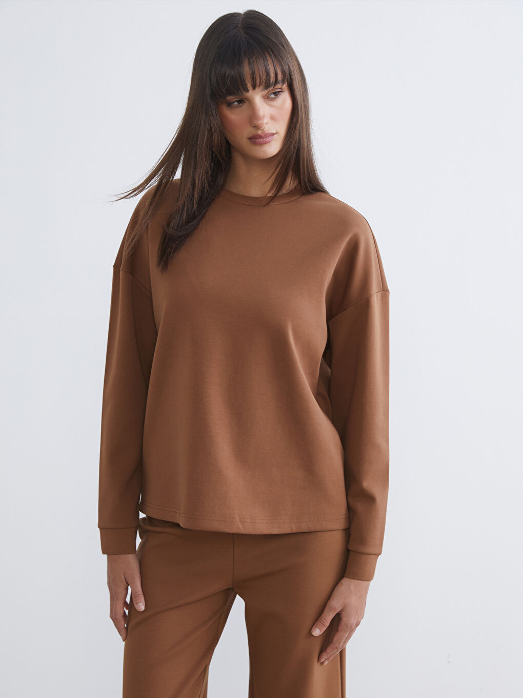 Kahverengi Bisiklet Yaka Oversize Kadın Sweatshirt