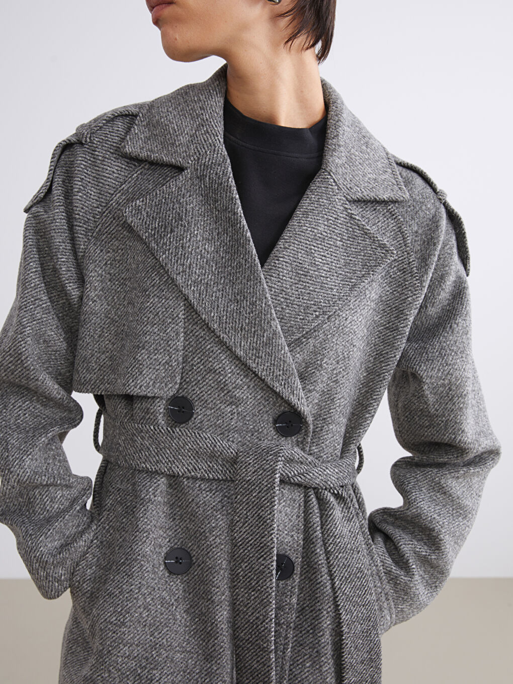 Gri Ceket Yaka Desenli Oversize Kadın Kaşe Kaban-2