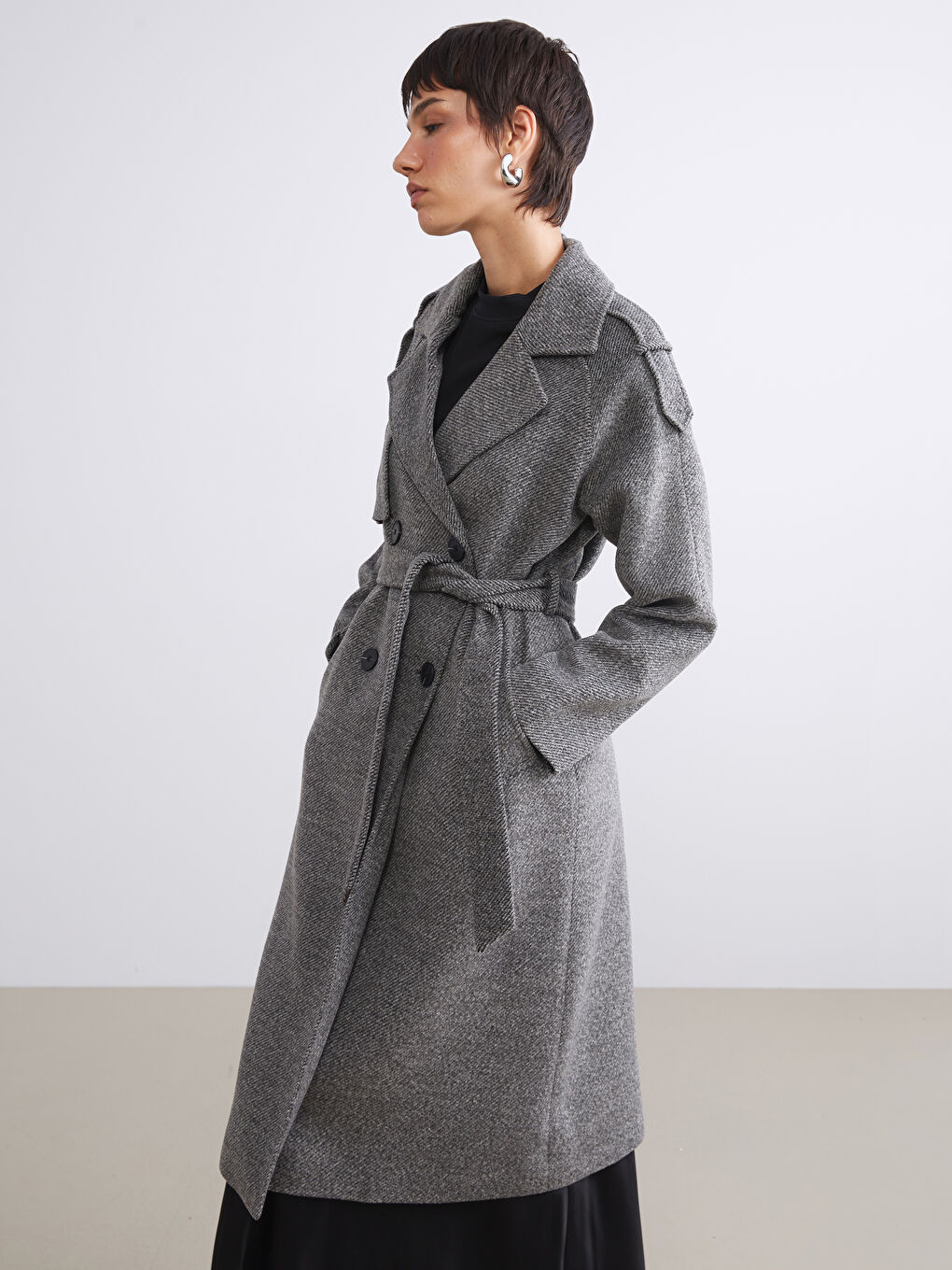 Gri Ceket Yaka Desenli Oversize Kadın Kaşe Kaban-3