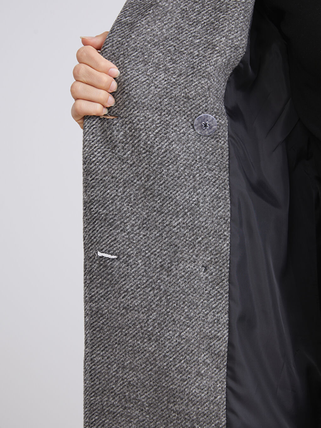 Gri Ceket Yaka Desenli Oversize Kadın Kaşe Kaban-4