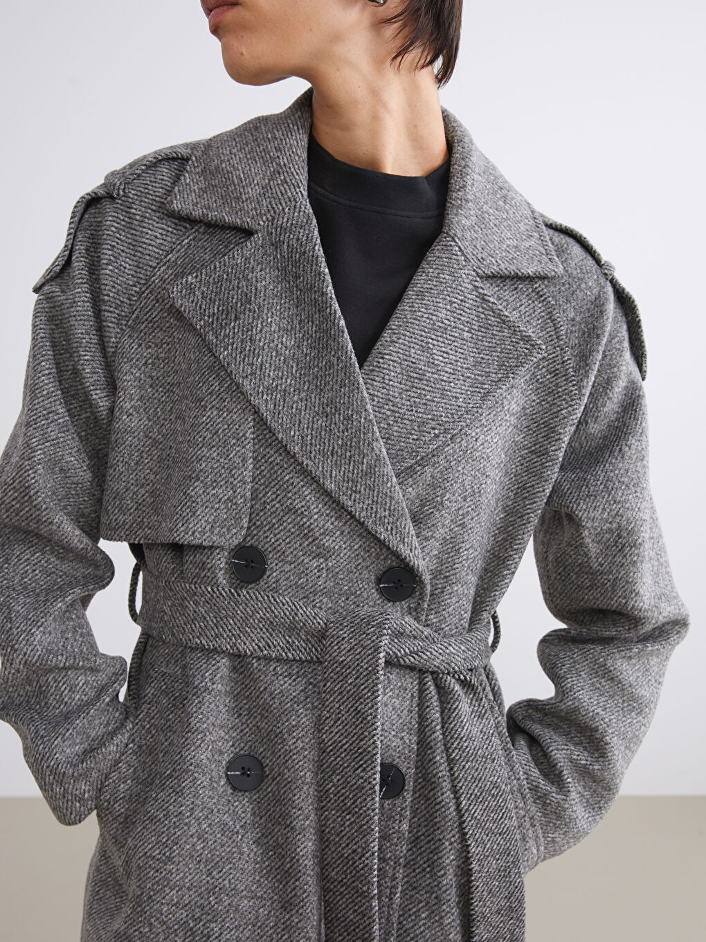 Gri Ceket Yaka Desenli Oversize Kadın Kaşe Kaban-5