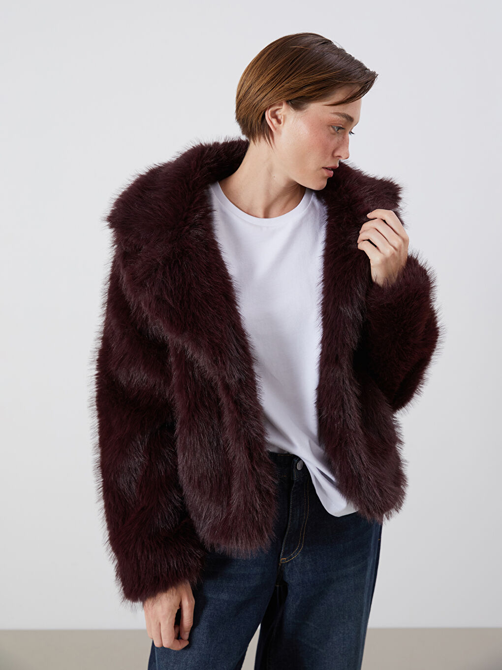 Bordo Ceket Yaka Kadın Kürk Mont-2