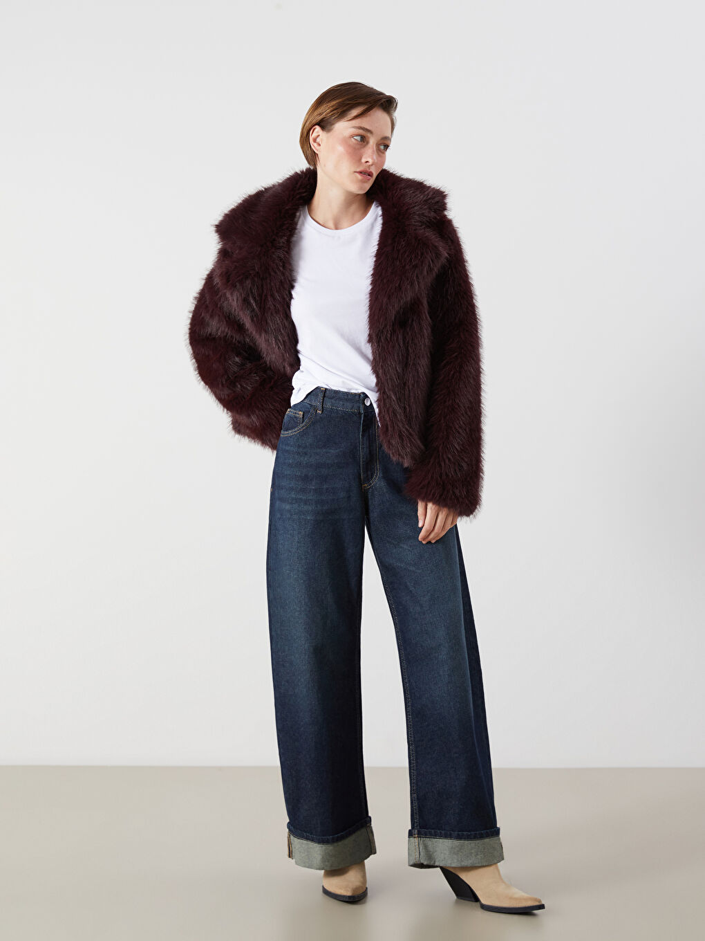 Bordo Ceket Yaka Kadın Kürk Mont-3
