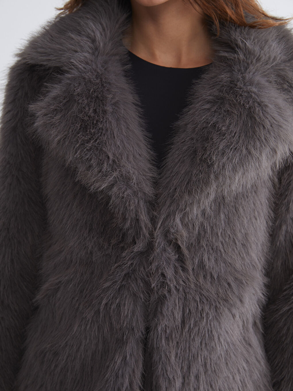 Gri Ceket Yaka Kadın Kürk Mont-2